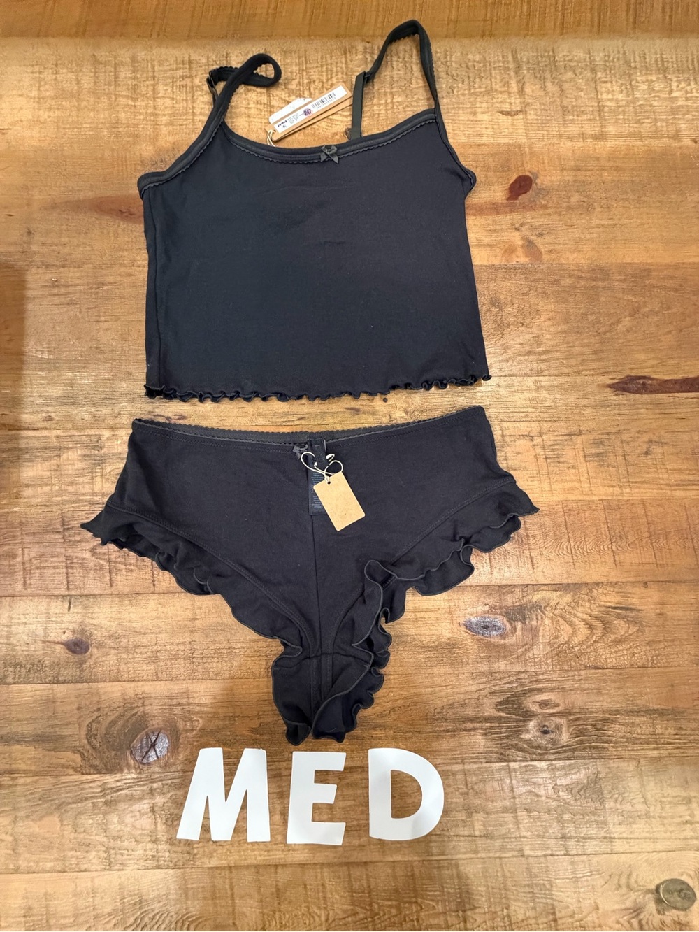 SKIMS Black Ruffled Tank Cami & Ruffle Trim Brief Set